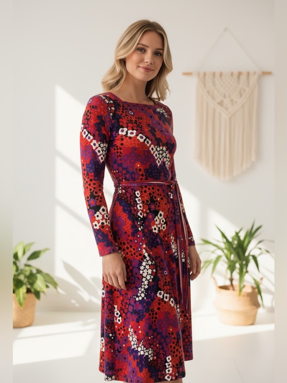 Goldworm Vintage Italy Merino Wool Knit Dress Red Purple Mod Psychedelic Floral